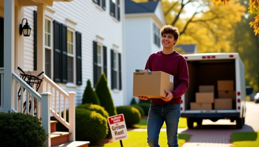 A Harvard student carries a moving box toward an off-campus home in Southborough, MA while Lifetime Moving Co assists with the relocation.