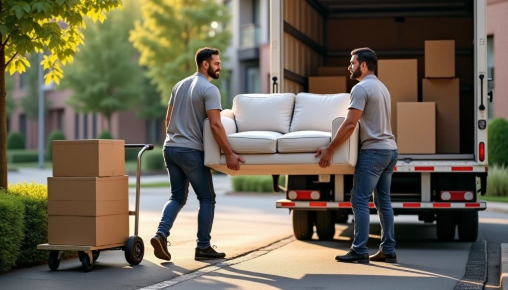 Lifetime Moving Co movers carry a sofa into a moving truck outside an apartment community during a move in Northborough, MA.