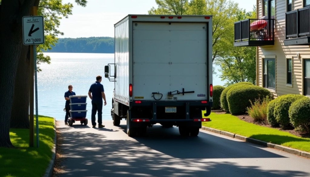 Lifetime Moving Co movers unload moving bins from a truck outside a lakeside apartment building near Lake Quinsigamond in Shrewsbury, MA.