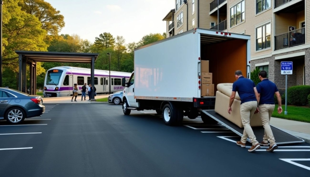 Lifetime Moving Co movers unload furniture from a moving truck outside an apartment community near the Westborough MBTA Commuter Rail Station.