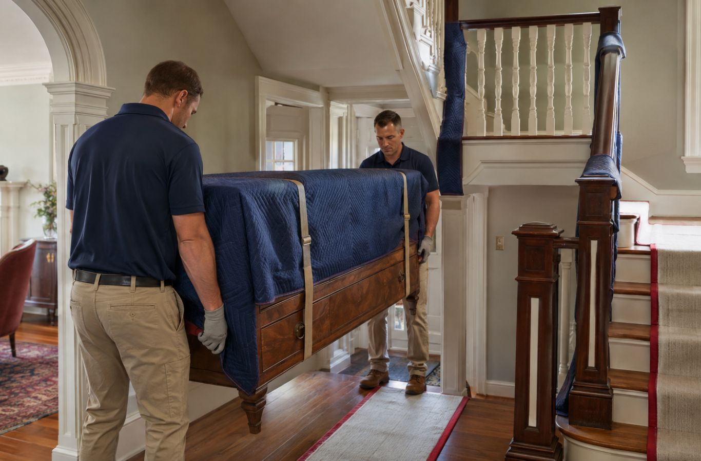 Lifetime Moving Co mover handling furniture during in home moving in Brookline, MA with careful floor protection.