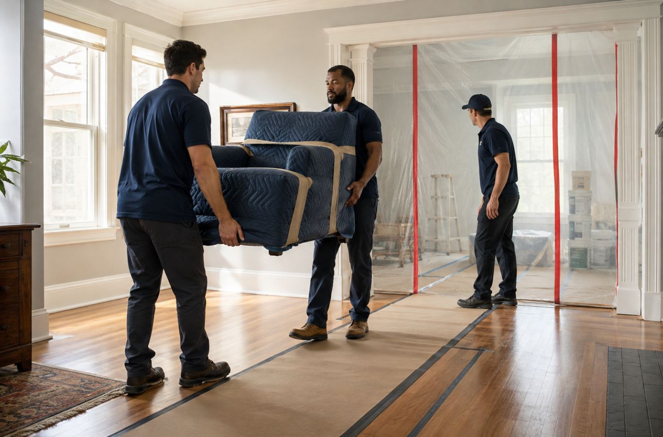 Lifetime Moving Co team member repositioning heavy furniture during in home moving in a Dedham, MA residence.