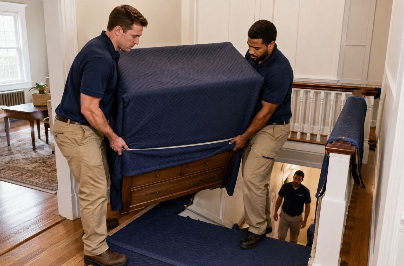 Lifetime Moving Co team member handling heavy furniture during in home moving inside a Shrewsbury, MA home.