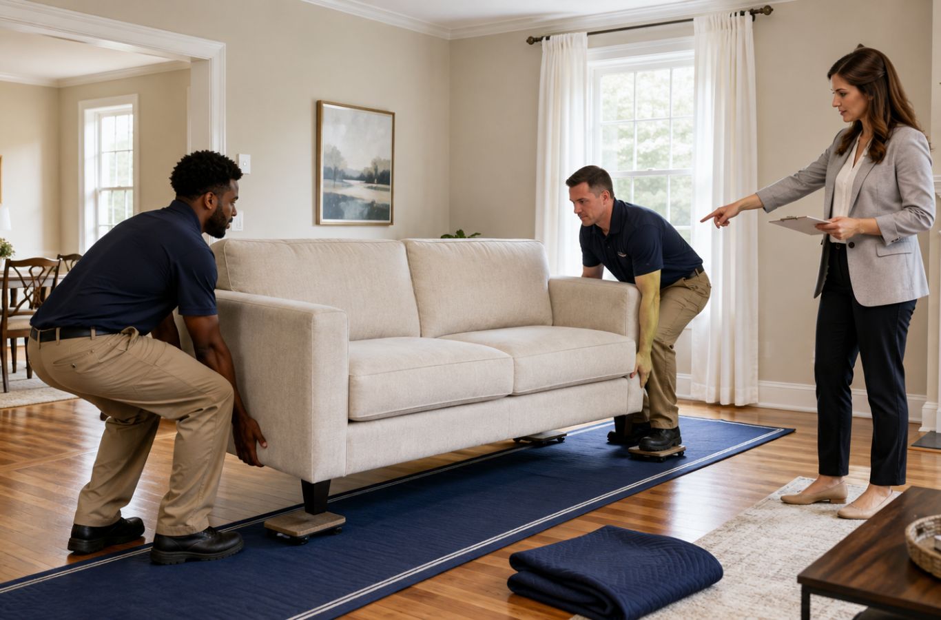 Lifetime Moving Co team member moving heavy furniture safely during in home moving inside a Medford, MA residence.