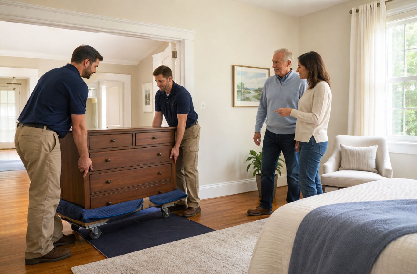 Lifetime Moving Co team member repositioning heavy furniture during in home moving in a Northborough, MA home.