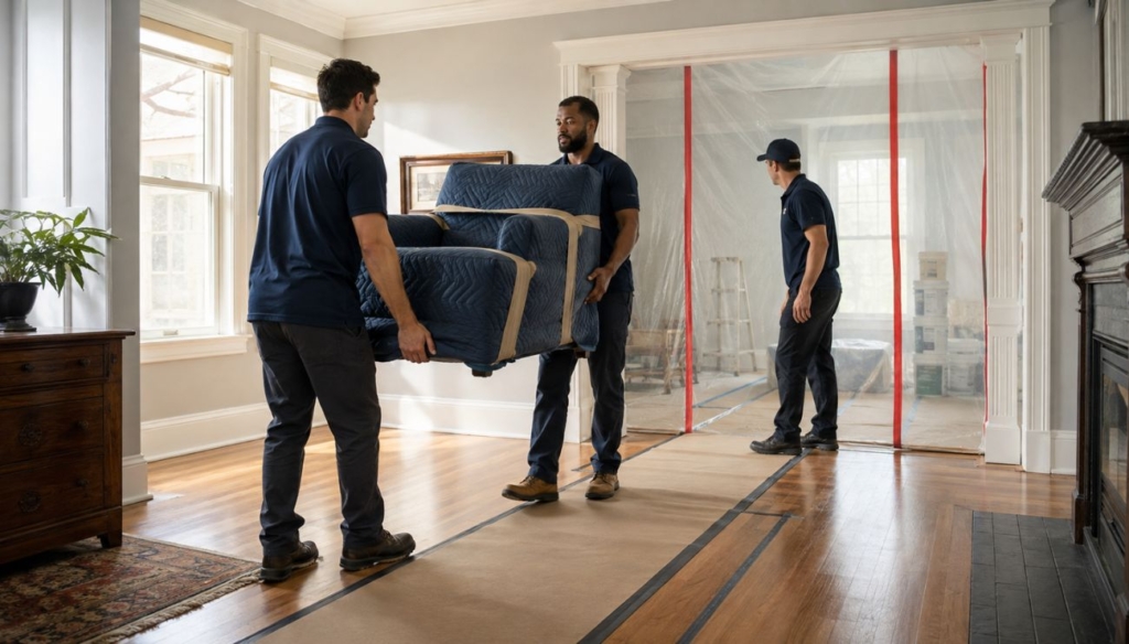 Three movers clearing a padded armchair from a historic home before renovation work begins.