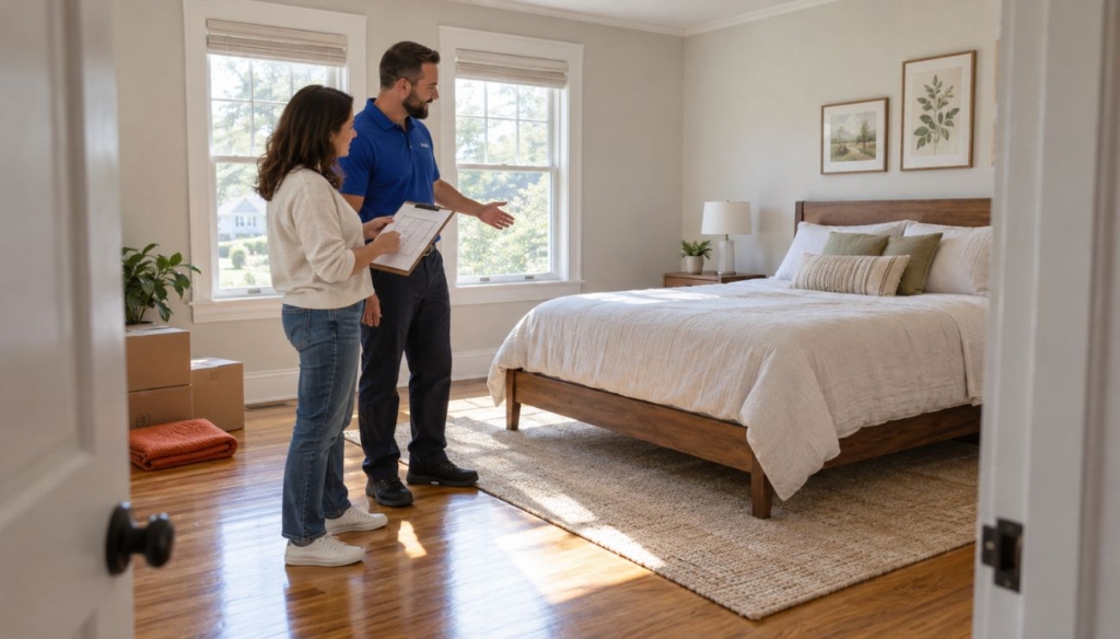 A homeowner and mover review a bedroom layout beside an assembled wooden bed.