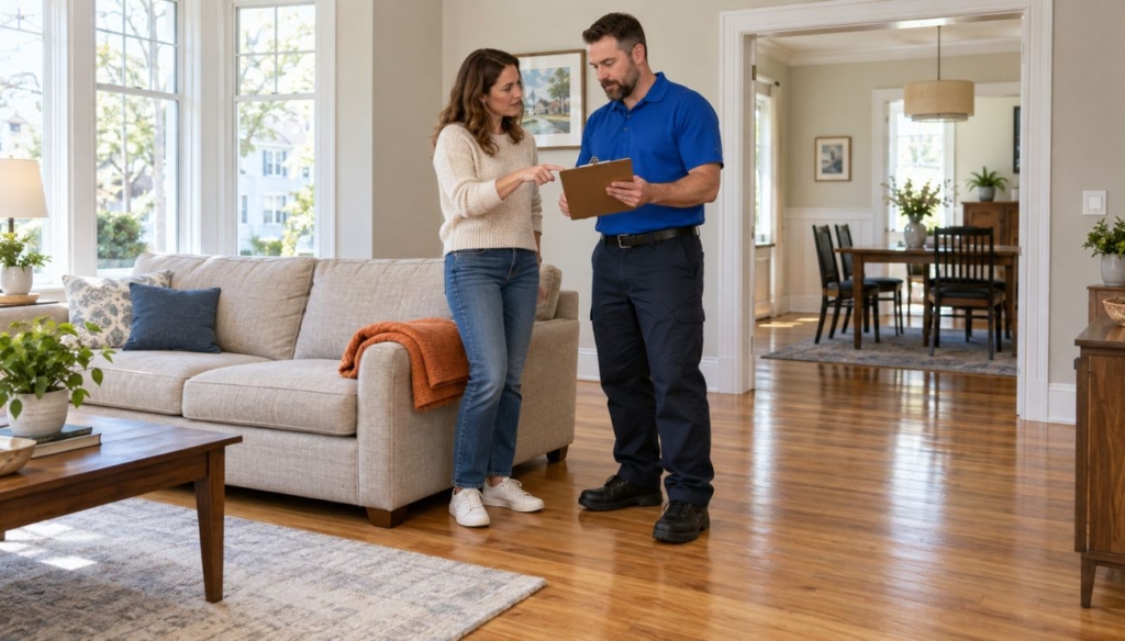 A homeowner and mover review a clipboard beside a sofa in a bright room with hardwood floors.