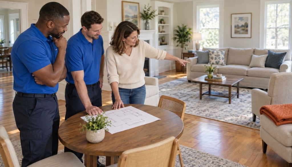 A homeowner and two movers review a furniture layout sketch beside a furnished living room.