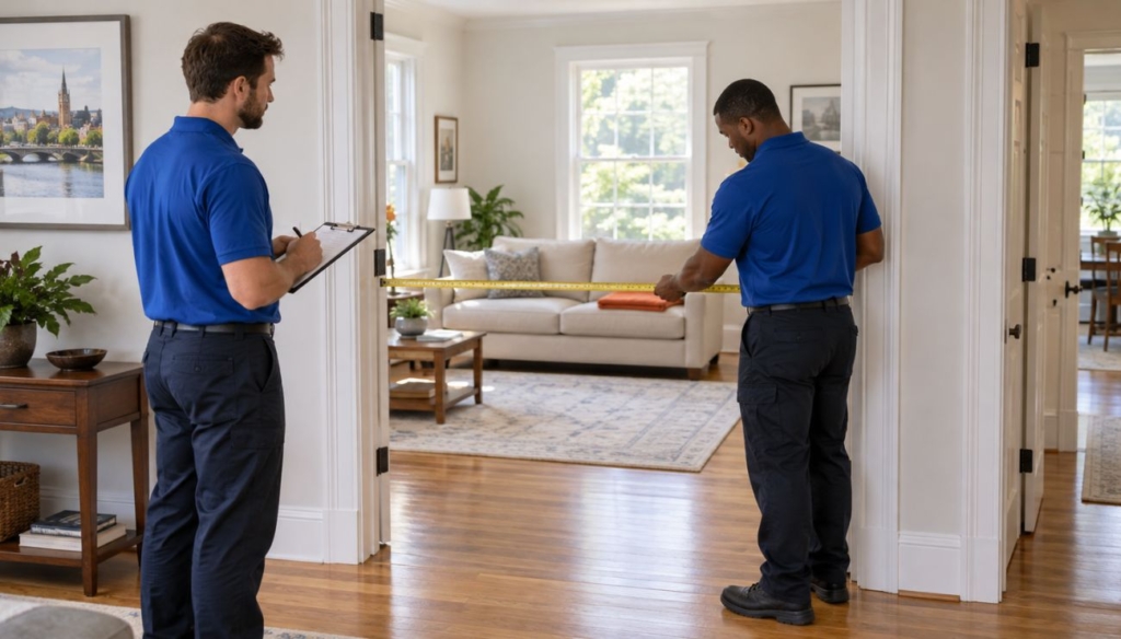 Two movers measure an open doorway with a tape measure and clipboard, with a beige sofa in the adjoining room.