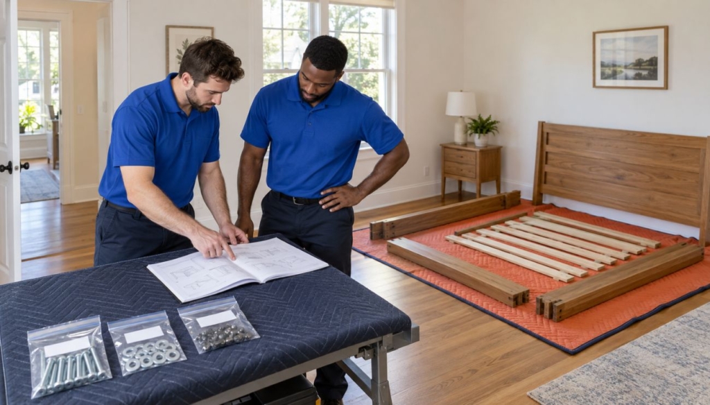 Two movers review instructions beside bagged hardware and disassembled wooden bed parts.