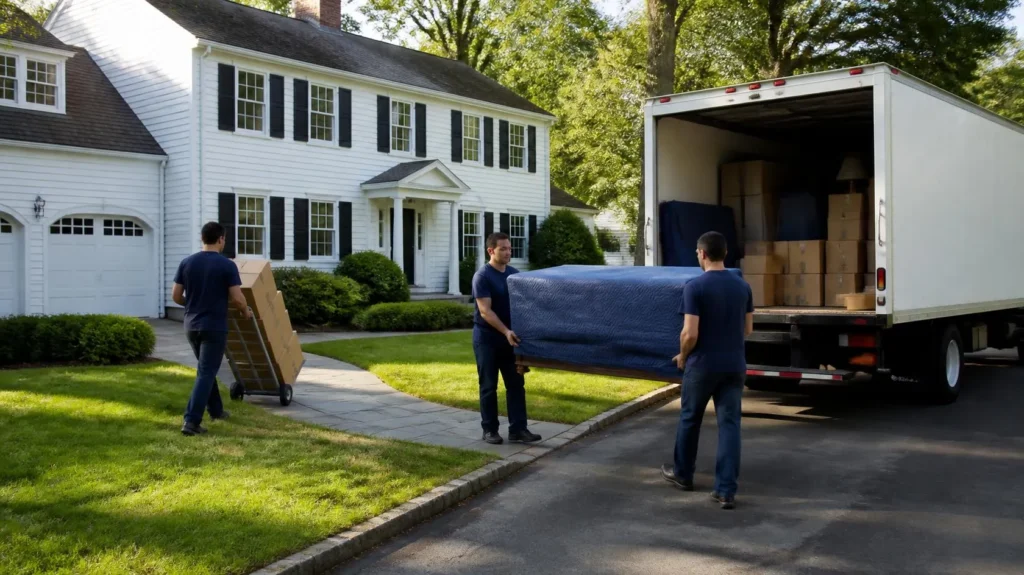 Three movers carry a wrapped sofa and boxes from a white colonial house to a large moving truck in the driveway