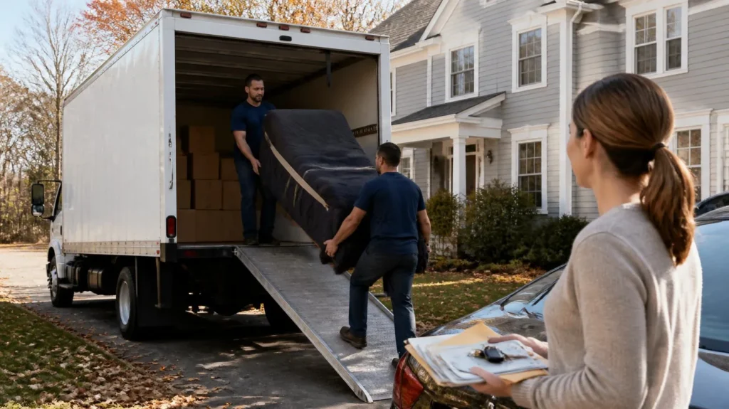Two movers load a blanket-wrapped armchair up a truck ramp as a homeowner holds car keys and documents in the driveway