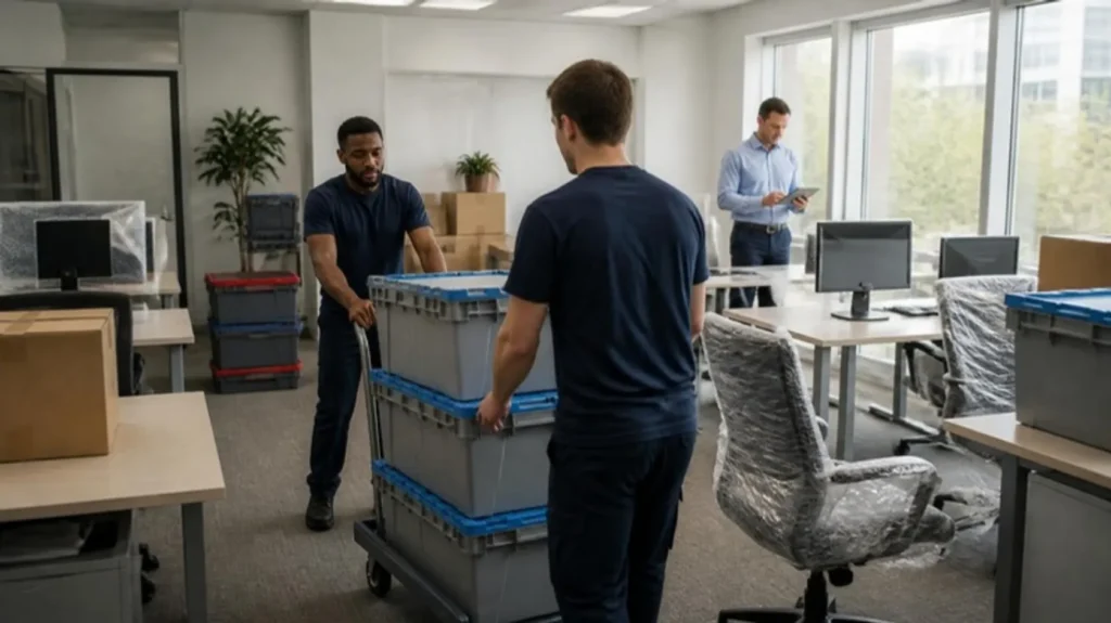 Two movers wheel stacked plastic crates through an office with plastic-wrapped chairs and computer monitors
